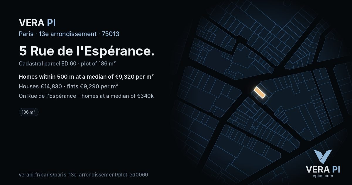 5 Rue de l'Espérance, 13e arrondissement at night – the plot lit, the parcels around coloured by the prices near them