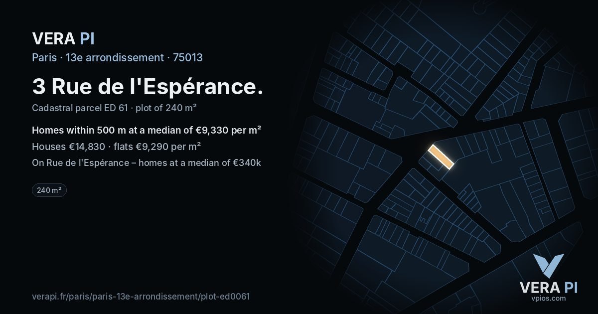 3 Rue de l'Espérance, 13e arrondissement at night – the plot lit, the parcels around coloured by the prices near them