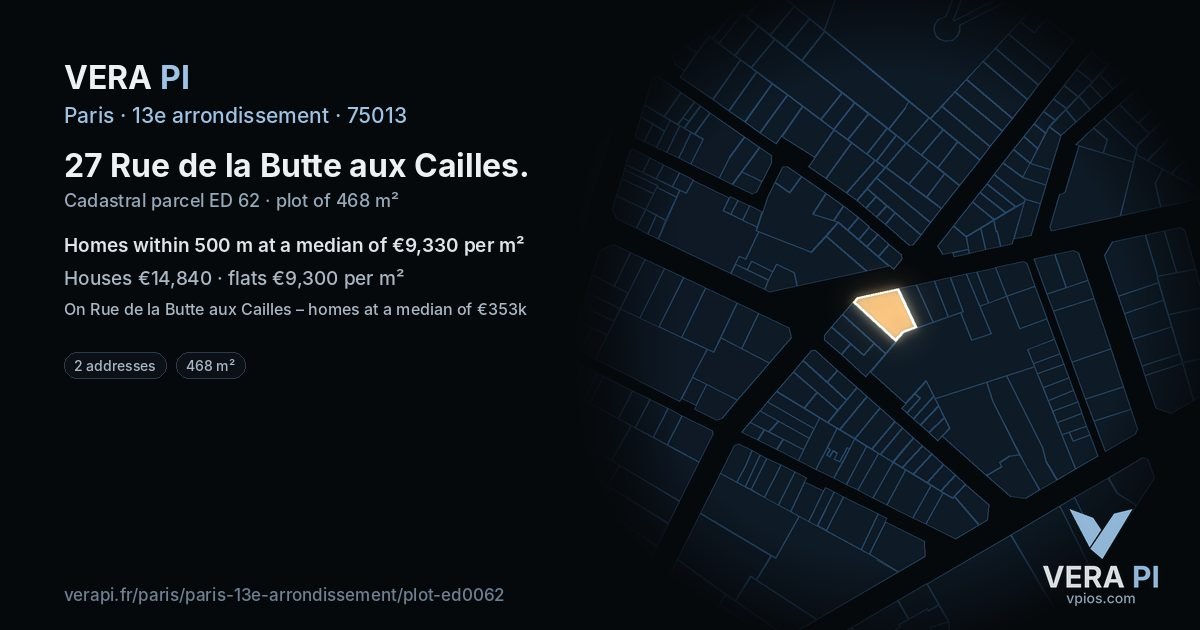 27 Rue de la Butte aux Cailles, 13e arrondissement at night – the plot lit, the parcels around coloured by the prices near them