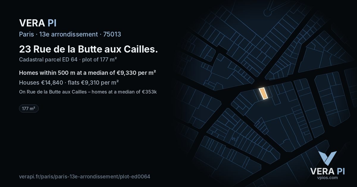 23 Rue de la Butte aux Cailles, 13e arrondissement at night – the plot lit, the parcels around coloured by the prices near them
