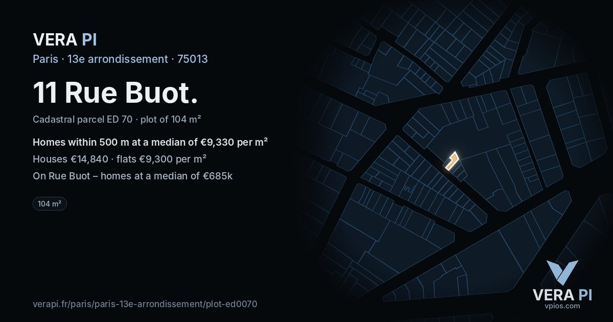 11 Rue Buot, 13e arrondissement at night – the plot lit, the parcels around coloured by the prices near them