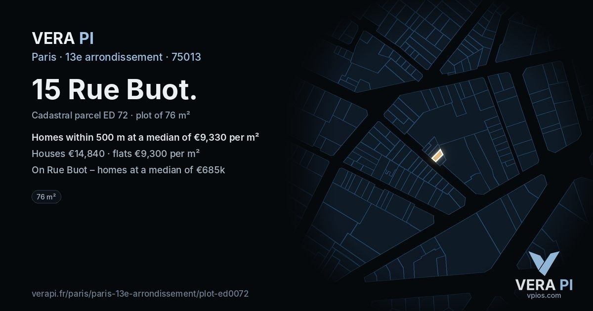 15 Rue Buot, 13e arrondissement at night – the plot lit, the parcels around coloured by the prices near them