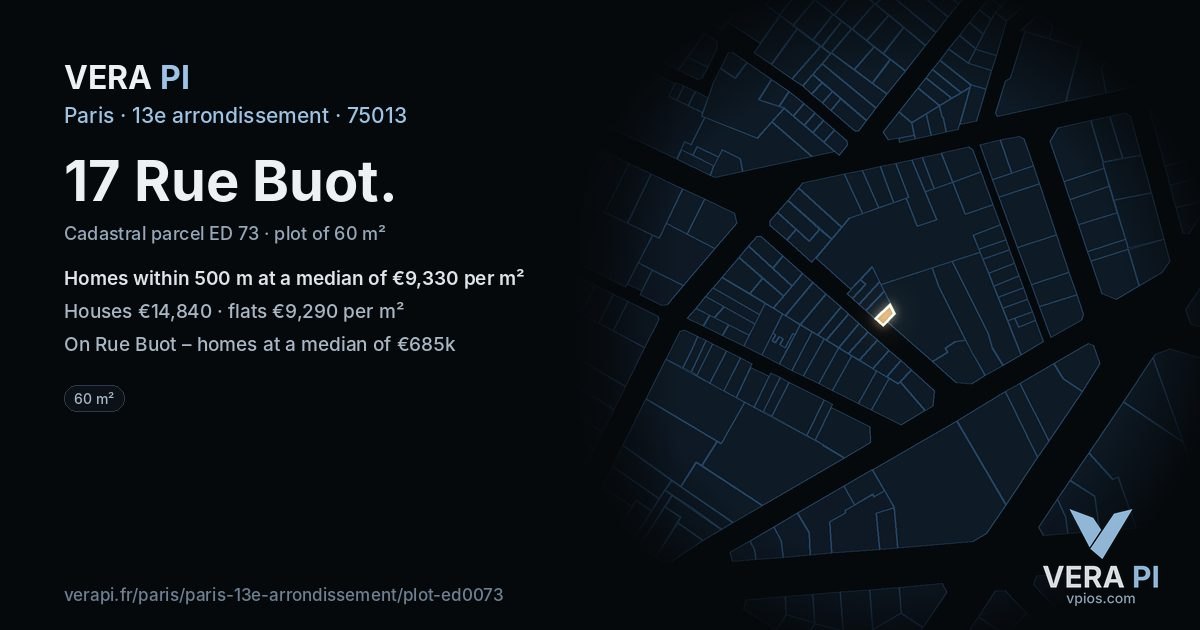 17 Rue Buot, 13e arrondissement at night – the plot lit, the parcels around coloured by the prices near them