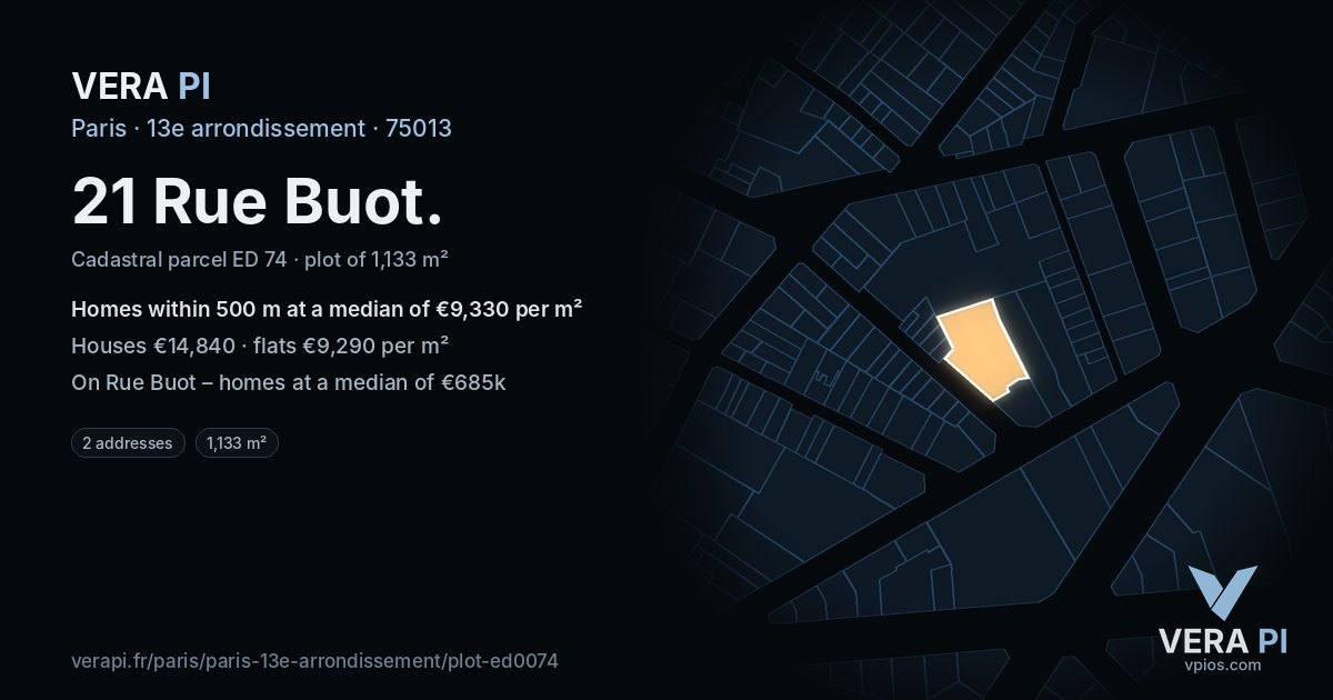 21 Rue Buot, 13e arrondissement at night – the plot lit, the parcels around coloured by the prices near them