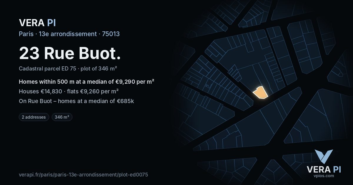 23 Rue Buot, 13e arrondissement at night – the plot lit, the parcels around coloured by the prices near them