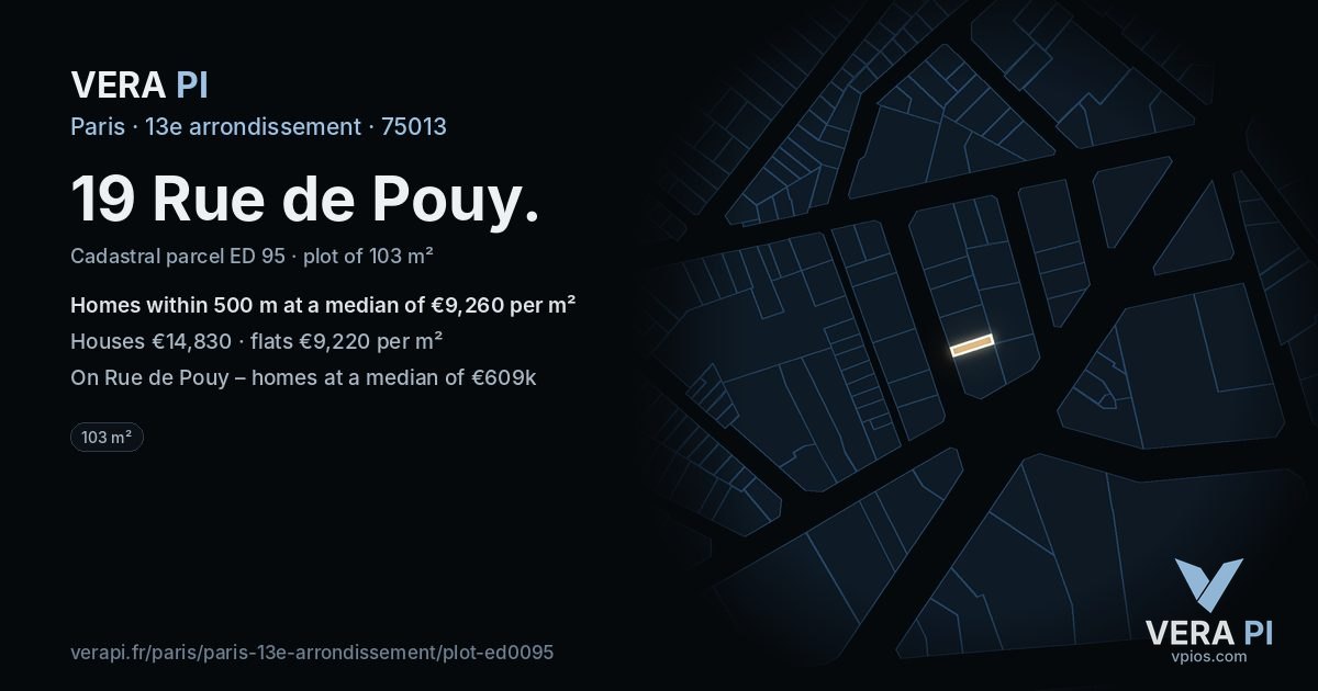 19 Rue de Pouy, 13e arrondissement at night – the plot lit, the parcels around coloured by the prices near them