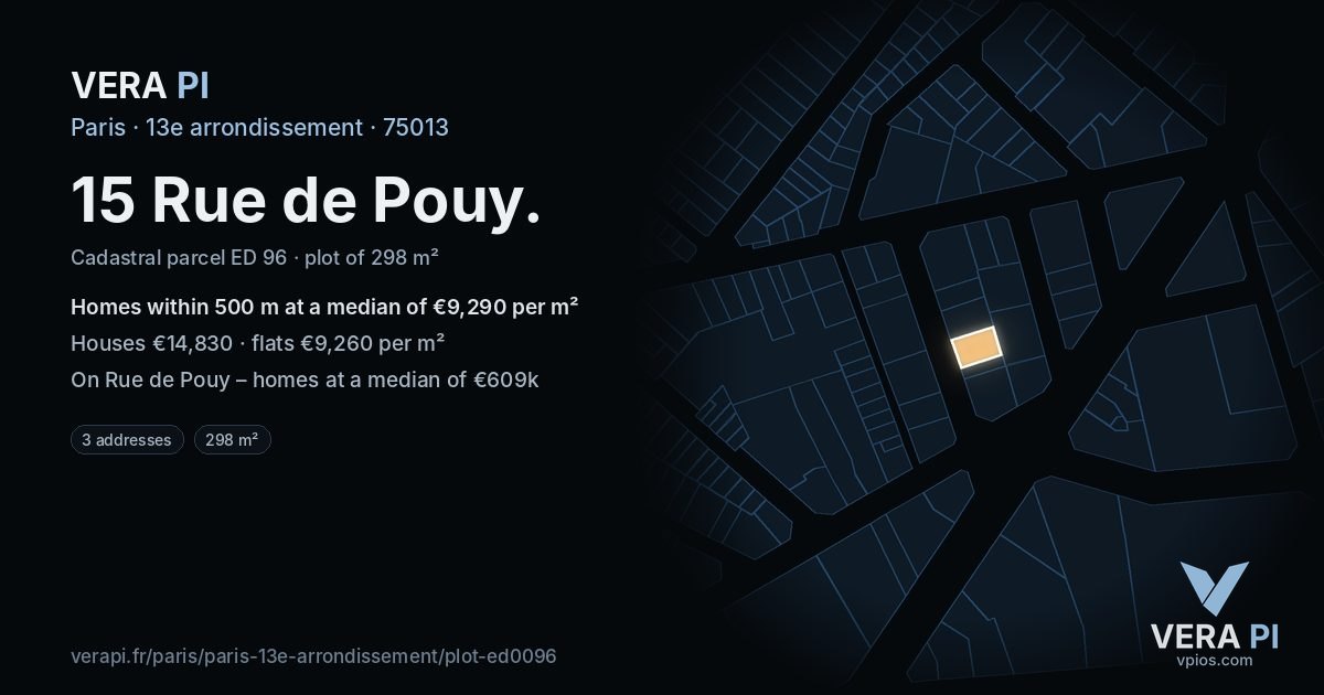 15 Rue de Pouy, 13e arrondissement at night – the plot lit, the parcels around coloured by the prices near them