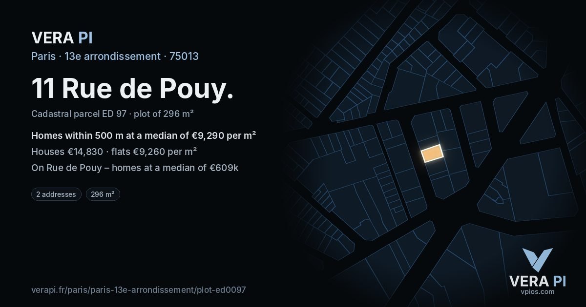 11 Rue de Pouy, 13e arrondissement at night – the plot lit, the parcels around coloured by the prices near them