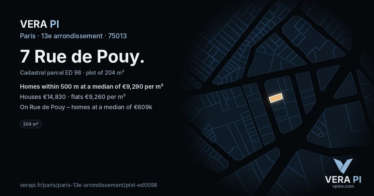 7 Rue de Pouy, 13e arrondissement at night – the plot lit, the parcels around coloured by the prices near them