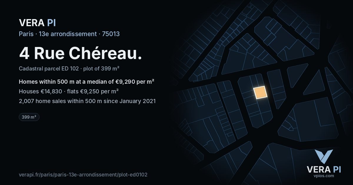 4 Rue Chéreau, 13e arrondissement at night – the plot lit, the parcels around coloured by the prices near them