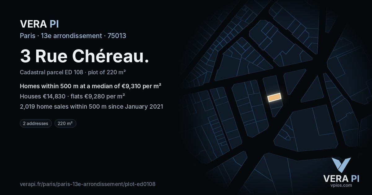 3 Rue Chéreau, 13e arrondissement at night – the plot lit, the parcels around coloured by the prices near them