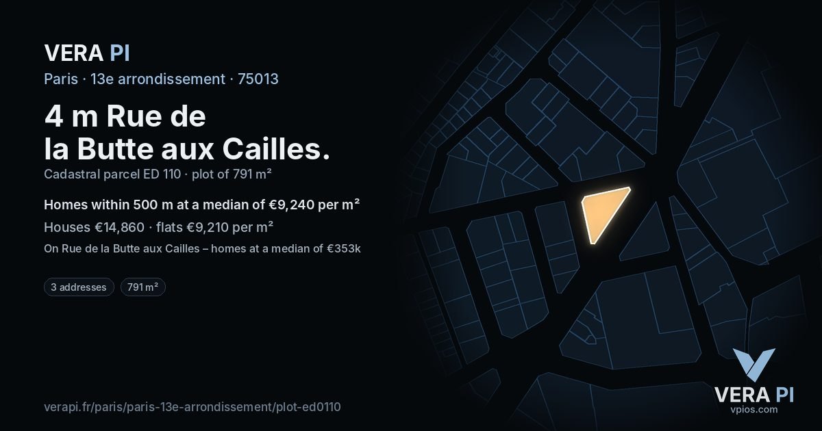 4 m Rue de la Butte aux Cailles, 13e arrondissement at night – the plot lit, the parcels around coloured by the prices near them