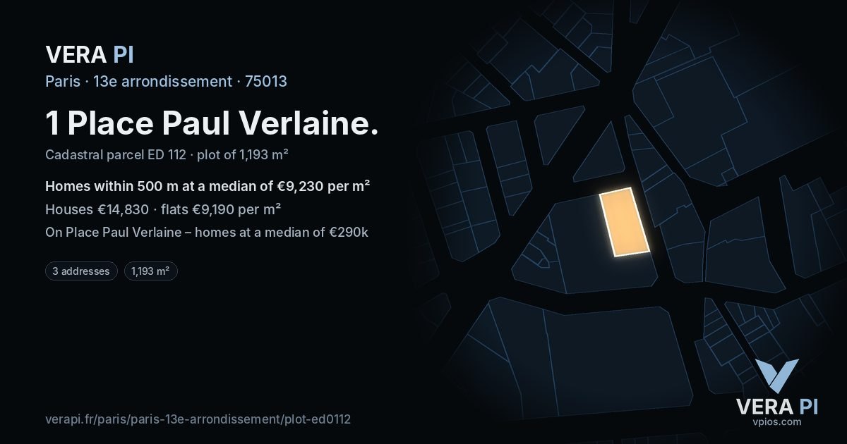 1 Place Paul Verlaine, 13e arrondissement at night – the plot lit, the parcels around coloured by the prices near them