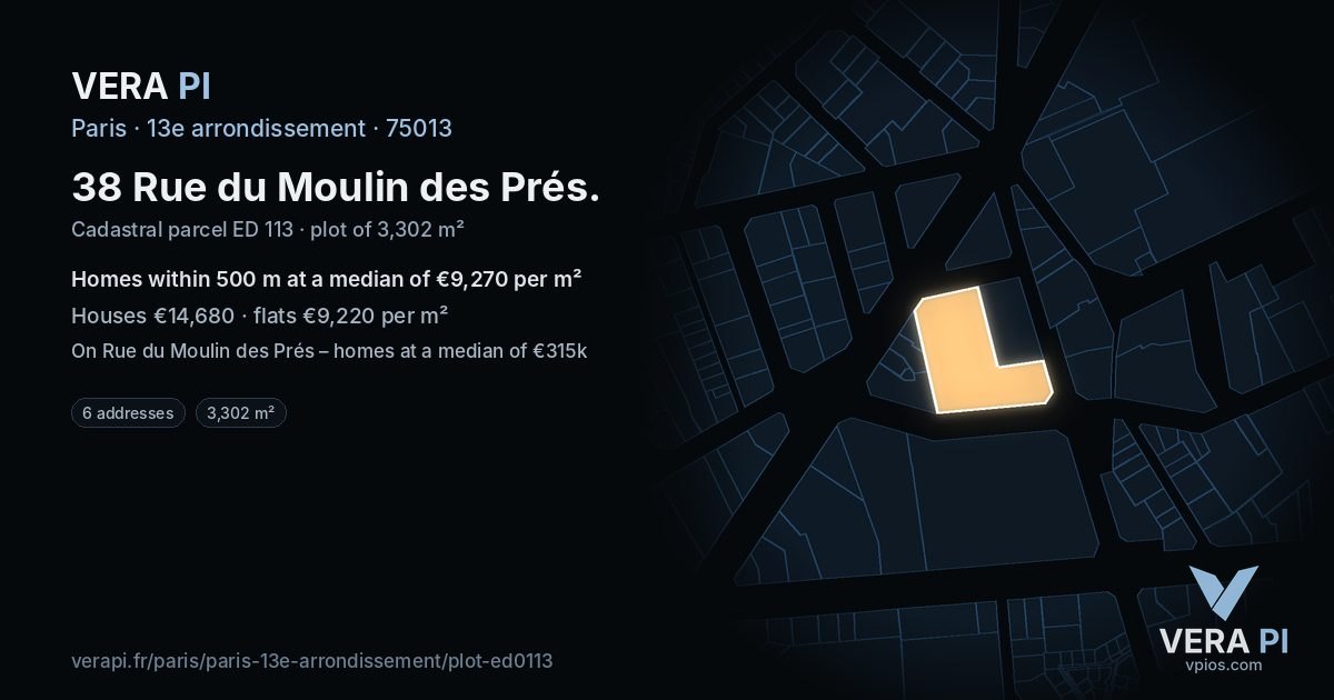 38 Rue du Moulin des Prés, 13e arrondissement at night – the plot lit, the parcels around coloured by the prices near them