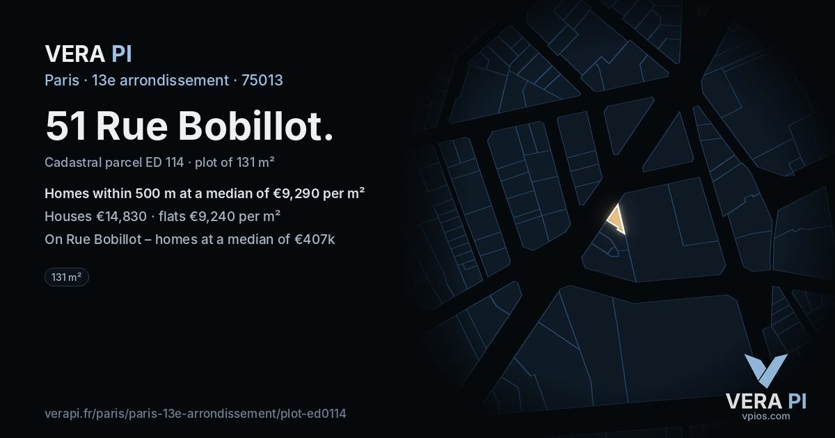 51 Rue Bobillot, 13e arrondissement at night – the plot lit, the parcels around coloured by the prices near them