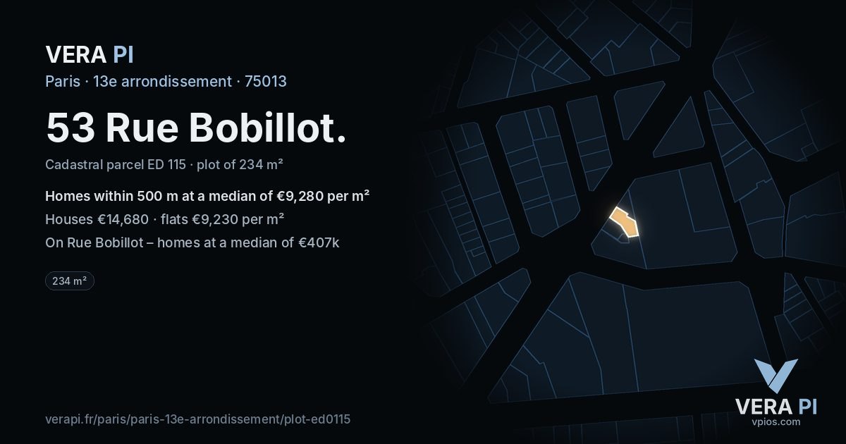 53 Rue Bobillot, 13e arrondissement at night – the plot lit, the parcels around coloured by the prices near them