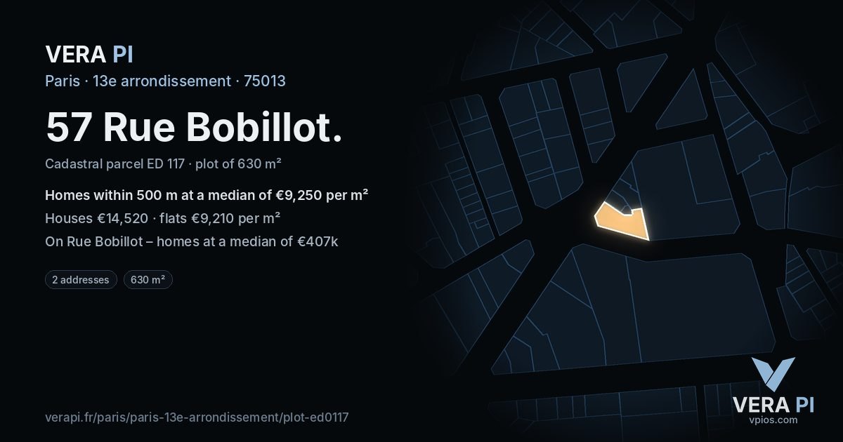 57 Rue Bobillot, 13e arrondissement at night – the plot lit, the parcels around coloured by the prices near them