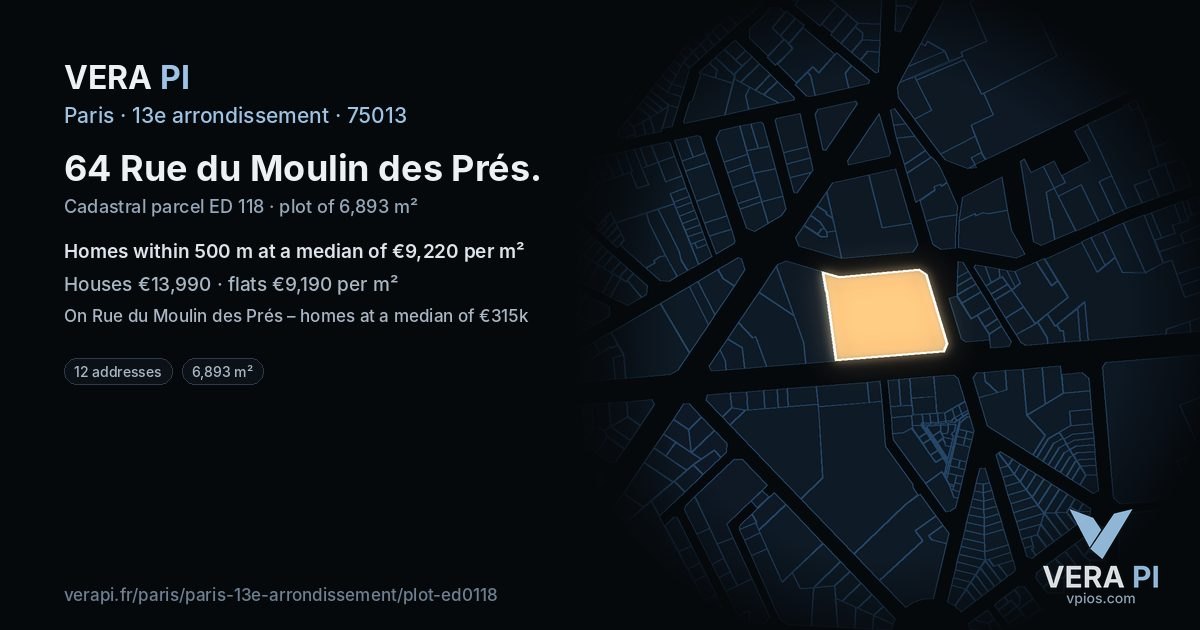 64 Rue du Moulin des Prés, 13e arrondissement at night – the plot lit, the parcels around coloured by the prices near them