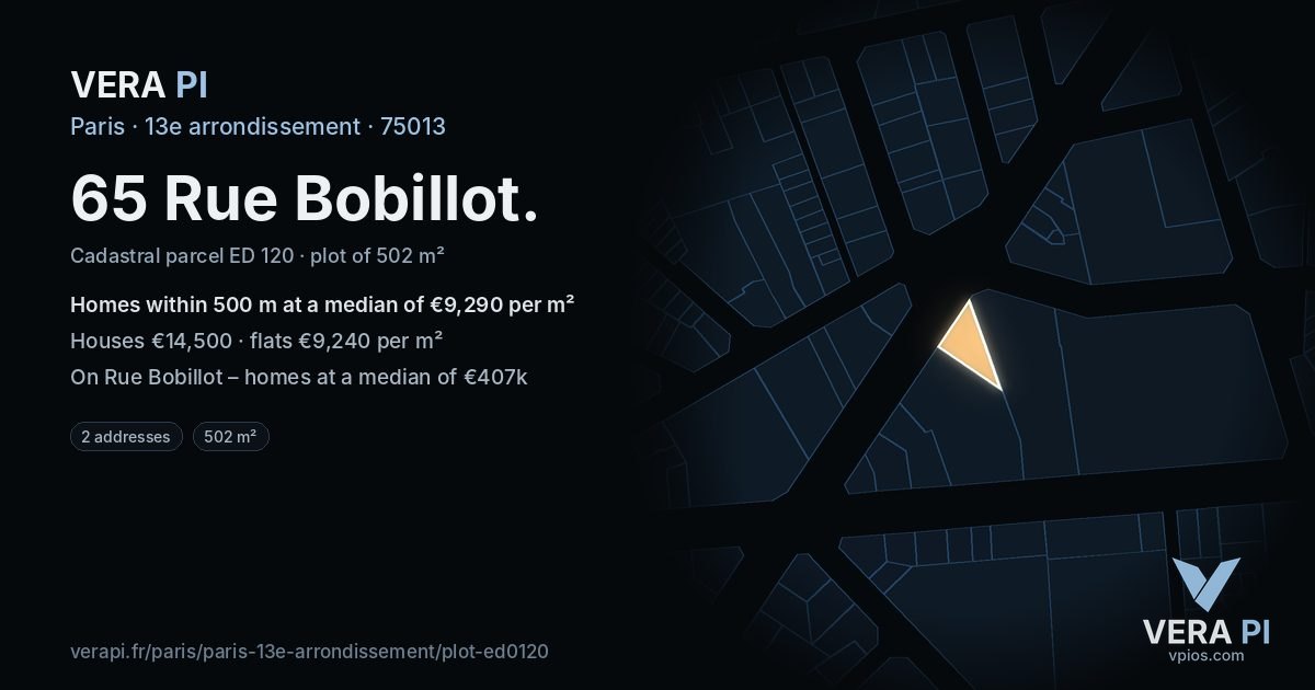 65 Rue Bobillot, 13e arrondissement at night – the plot lit, the parcels around coloured by the prices near them