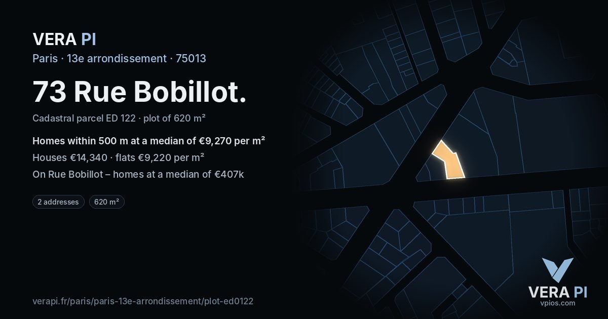 73 Rue Bobillot, 13e arrondissement at night – the plot lit, the parcels around coloured by the prices near them