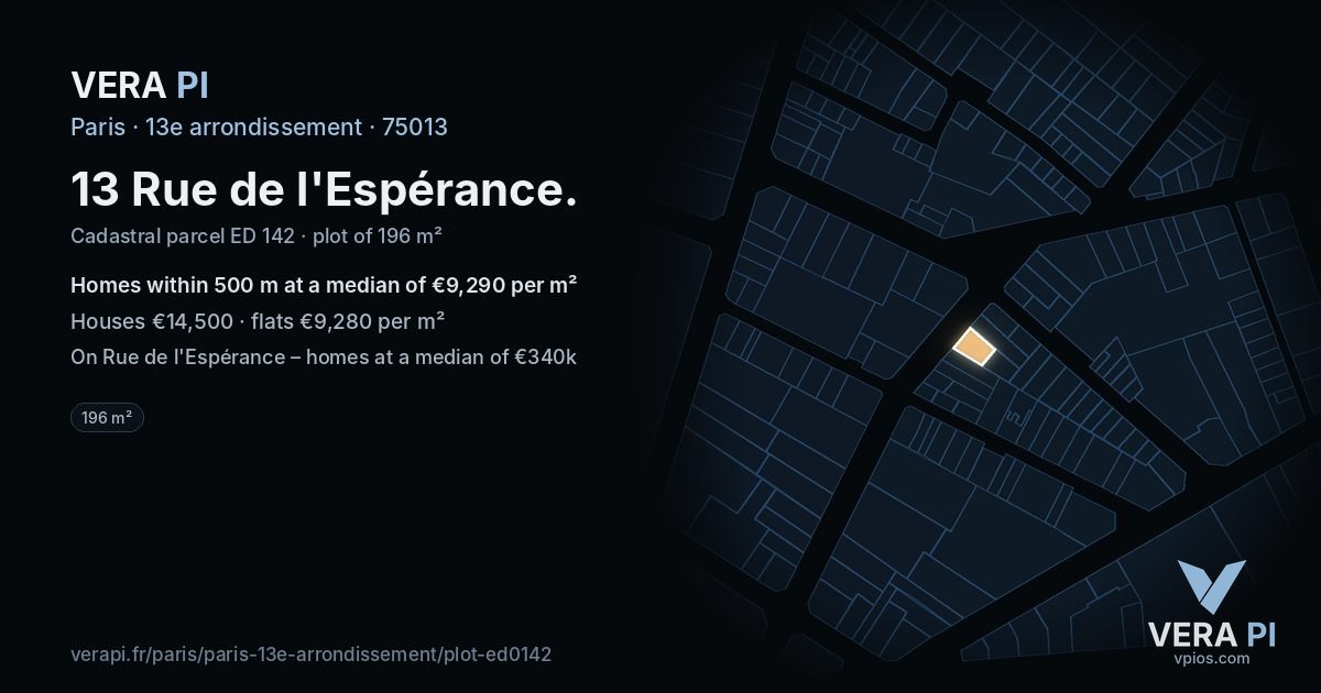 13 Rue de l'Espérance, 13e arrondissement at night – the plot lit, the parcels around coloured by the prices near them