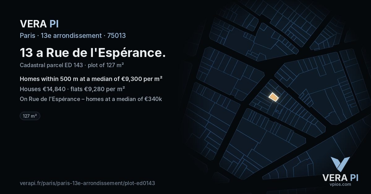 13 a Rue de l'Espérance, 13e arrondissement at night – the plot lit, the parcels around coloured by the prices near them