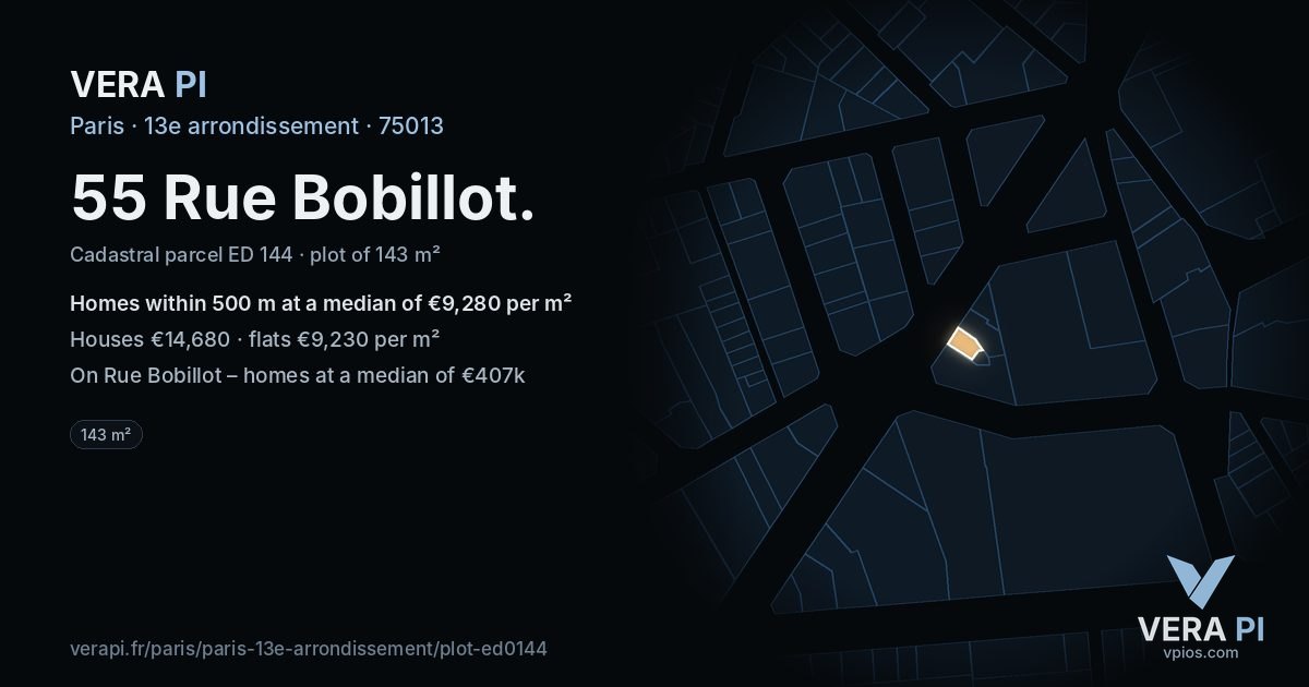 55 Rue Bobillot, 13e arrondissement at night – the plot lit, the parcels around coloured by the prices near them