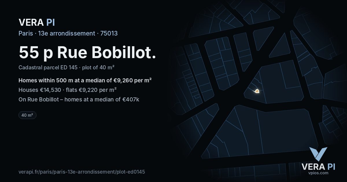 55 p Rue Bobillot, 13e arrondissement at night – the plot lit, the parcels around coloured by the prices near them