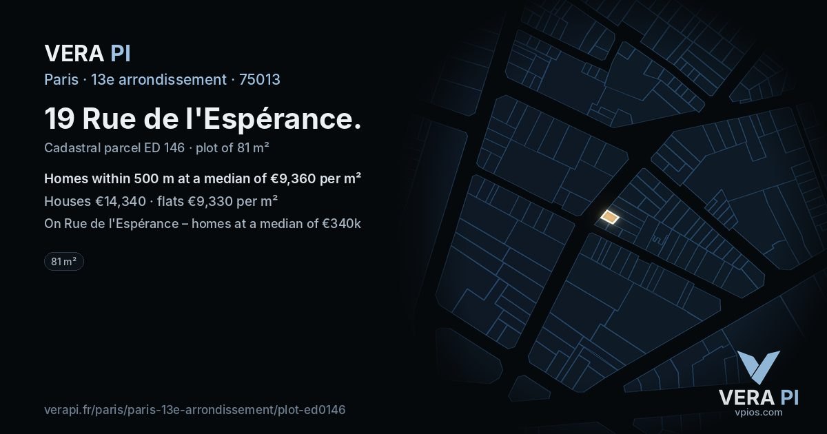 19 Rue de l'Espérance, 13e arrondissement at night – the plot lit, the parcels around coloured by the prices near them