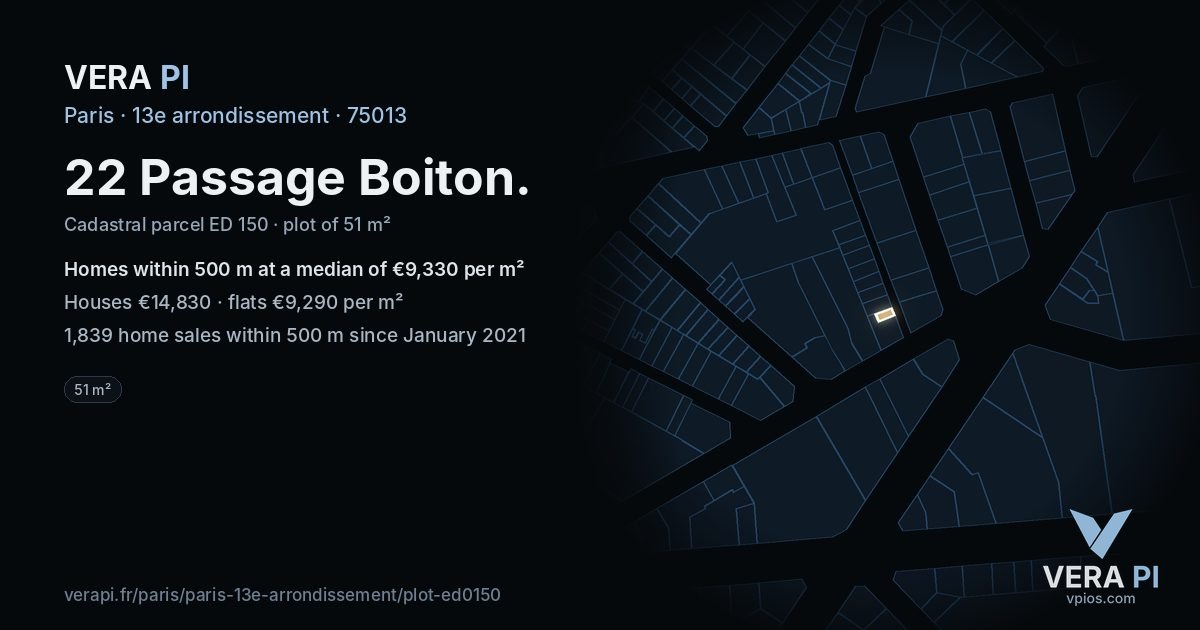 22 Passage Boiton, 13e arrondissement at night – the plot lit, the parcels around coloured by the prices near them