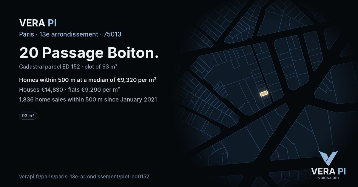 20 Passage Boiton, 13e arrondissement at night – the plot lit, the parcels around coloured by the prices near them