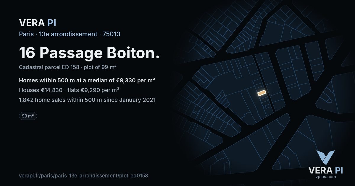 16 Passage Boiton, 13e arrondissement at night – the plot lit, the parcels around coloured by the prices near them