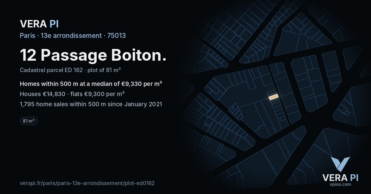 12 Passage Boiton, 13e arrondissement at night – the plot lit, the parcels around coloured by the prices near them