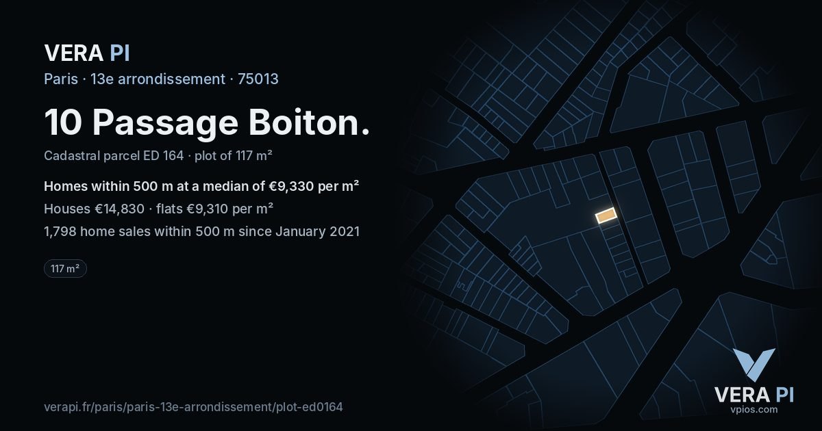 10 Passage Boiton, 13e arrondissement at night – the plot lit, the parcels around coloured by the prices near them