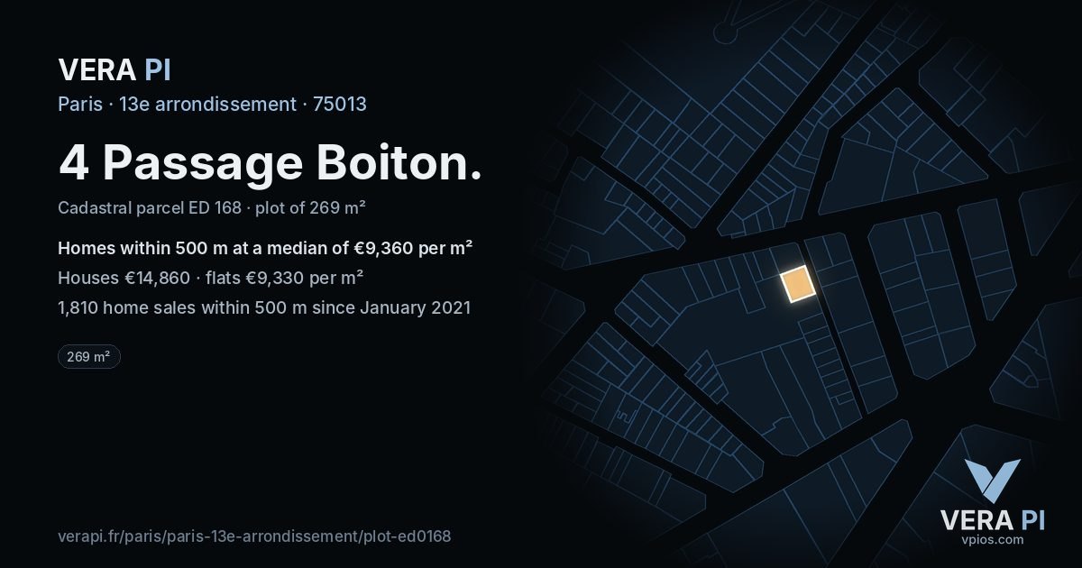 4 Passage Boiton, 13e arrondissement at night – the plot lit, the parcels around coloured by the prices near them