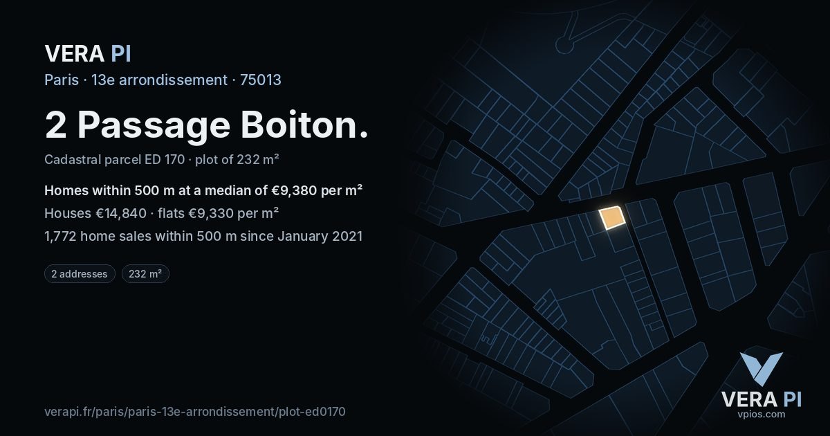 2 Passage Boiton, 13e arrondissement at night – the plot lit, the parcels around coloured by the prices near them