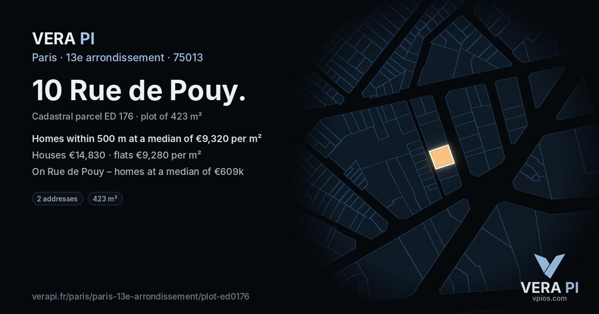 10 Rue de Pouy, 13e arrondissement at night – the plot lit, the parcels around coloured by the prices near them