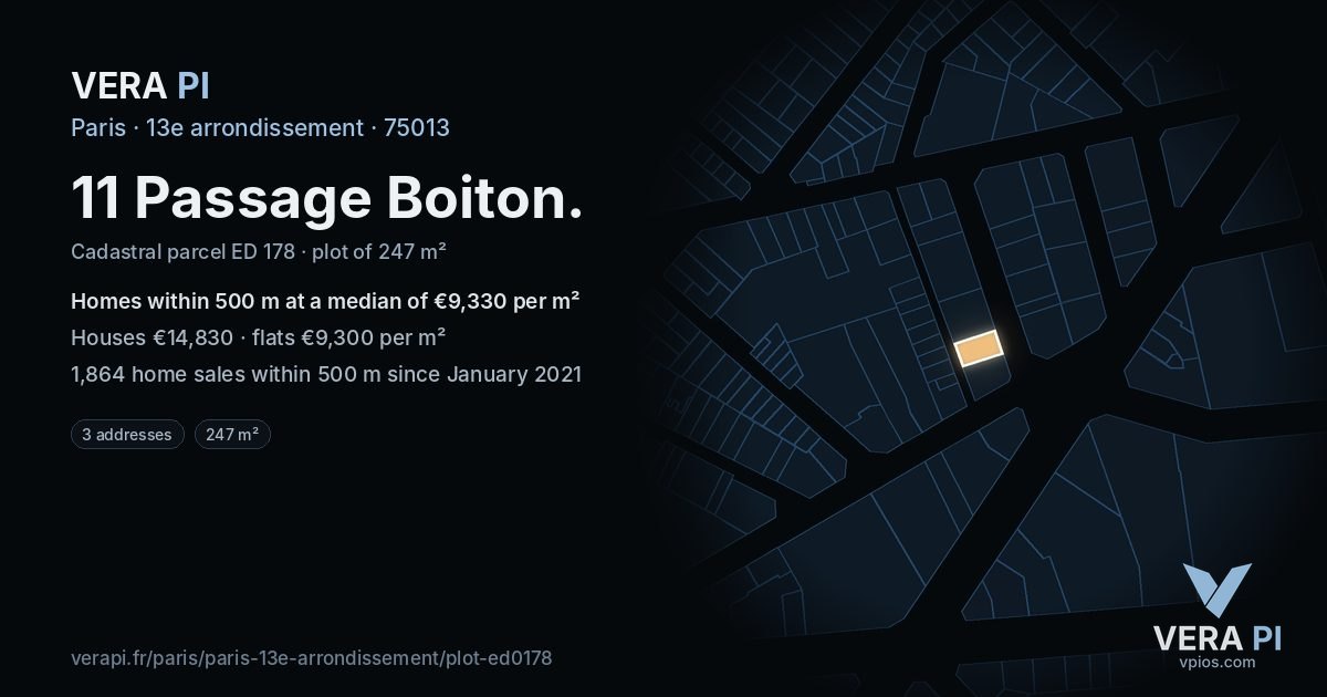 11 Passage Boiton, 13e arrondissement at night – the plot lit, the parcels around coloured by the prices near them