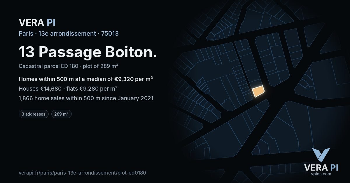 13 Passage Boiton, 13e arrondissement at night – the plot lit, the parcels around coloured by the prices near them