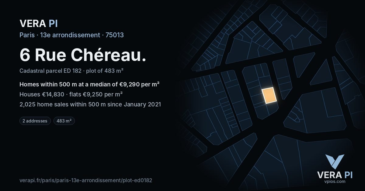 6 Rue Chéreau, 13e arrondissement at night – the plot lit, the parcels around coloured by the prices near them