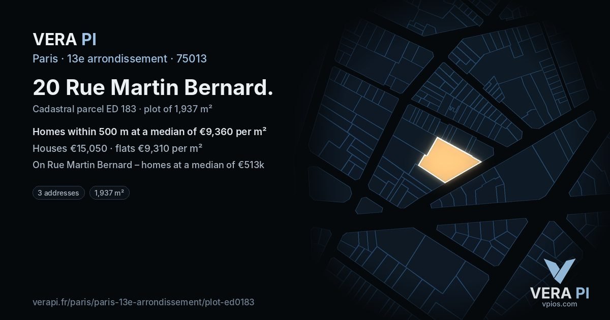 20 Rue Martin Bernard, 13e arrondissement at night – the plot lit, the parcels around coloured by the prices near them