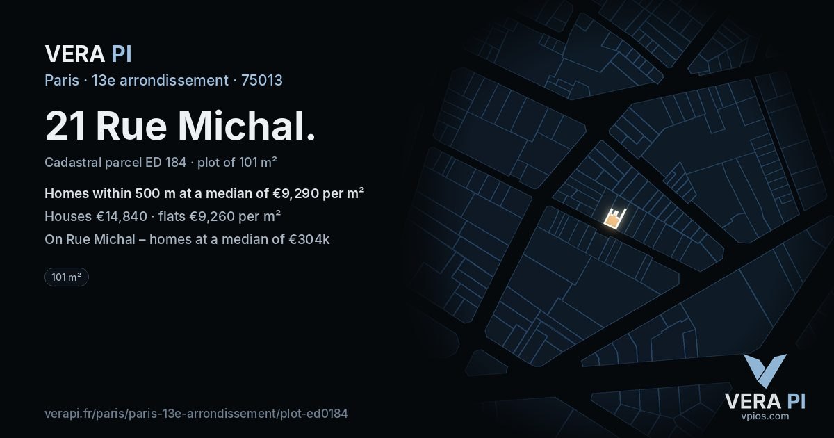21 Rue Michal, 13e arrondissement at night – the plot lit, the parcels around coloured by the prices near them
