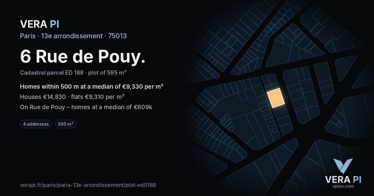 6 Rue de Pouy, 13e arrondissement at night – the plot lit, the parcels around coloured by the prices near them