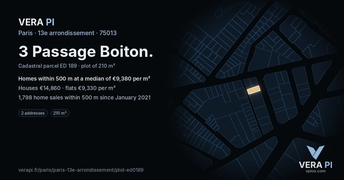 3 Passage Boiton, 13e arrondissement at night – the plot lit, the parcels around coloured by the prices near them
