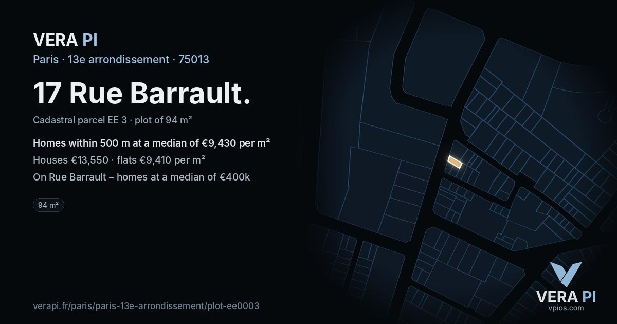 17 Rue Barrault, 13e arrondissement at night – the plot lit, the parcels around coloured by the prices near them