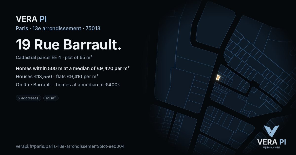 19 Rue Barrault, 13e arrondissement at night – the plot lit, the parcels around coloured by the prices near them