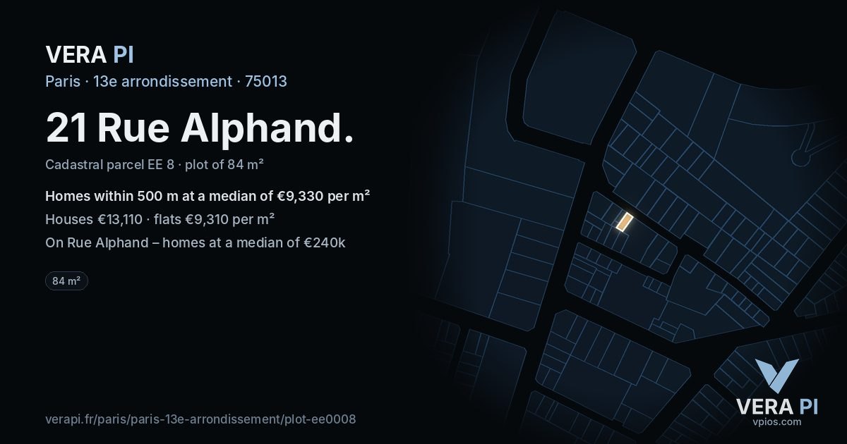 21 Rue Alphand, 13e arrondissement at night – the plot lit, the parcels around coloured by the prices near them