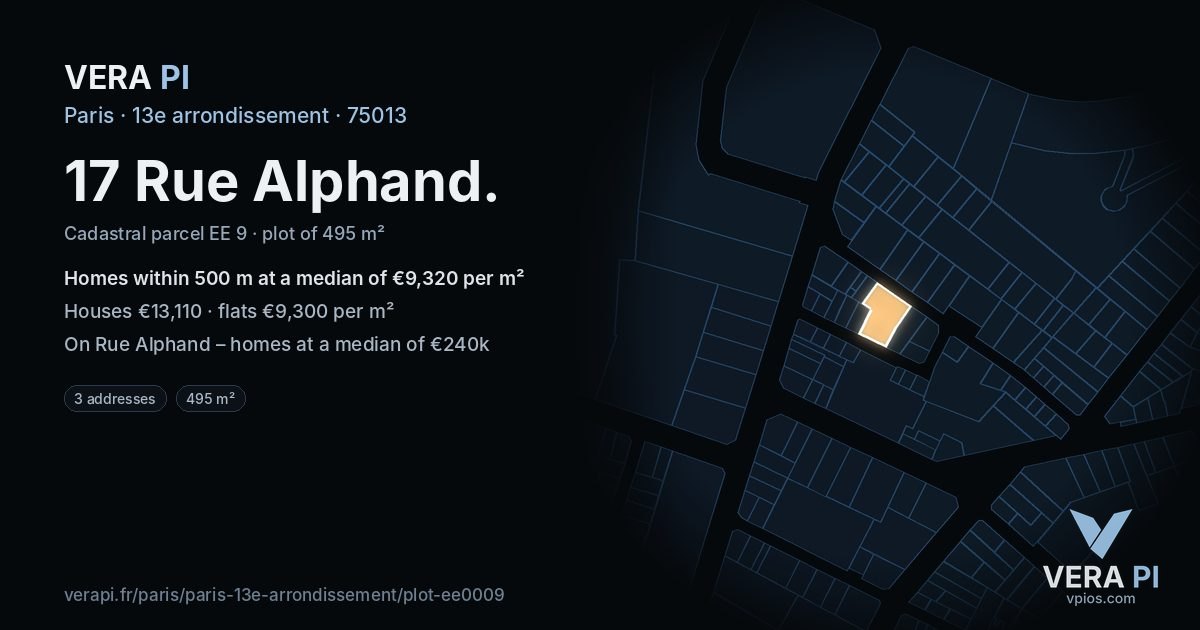 17 Rue Alphand, 13e arrondissement at night – the plot lit, the parcels around coloured by the prices near them