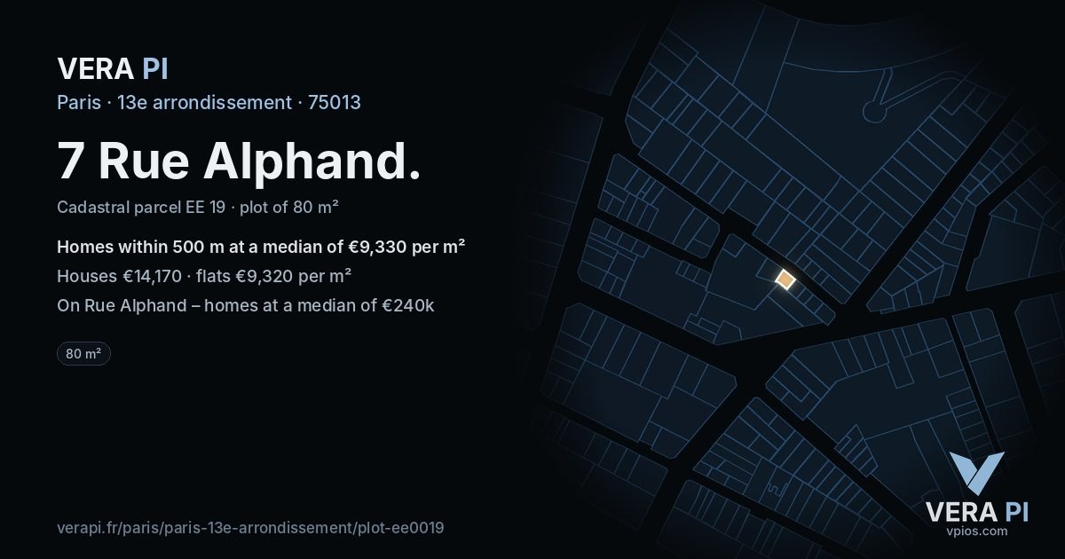 7 Rue Alphand, 13e arrondissement at night – the plot lit, the parcels around coloured by the prices near them