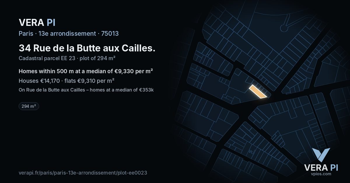 34 Rue de la Butte aux Cailles, 13e arrondissement at night – the plot lit, the parcels around coloured by the prices near them